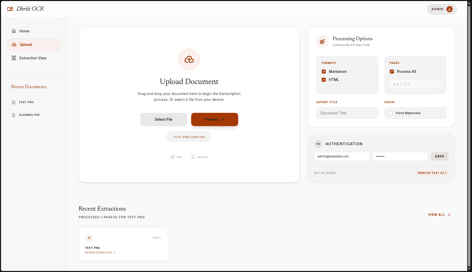 DhritiOCR upload and processing screen